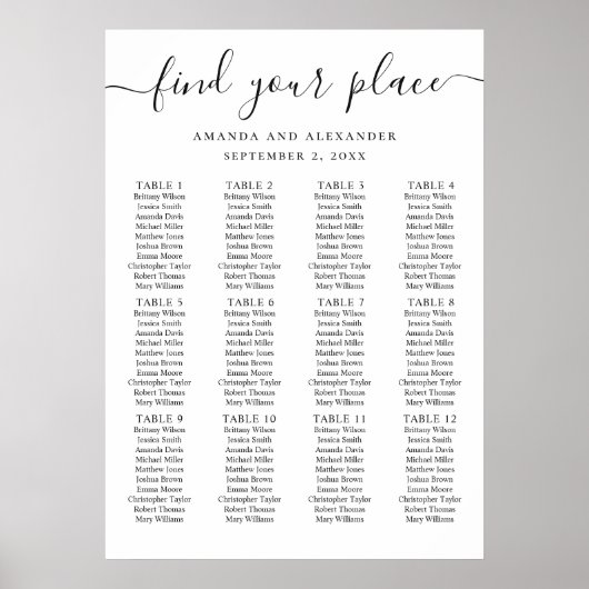 Poster Plan de table de mariage écriture noir et blanc (Devant)