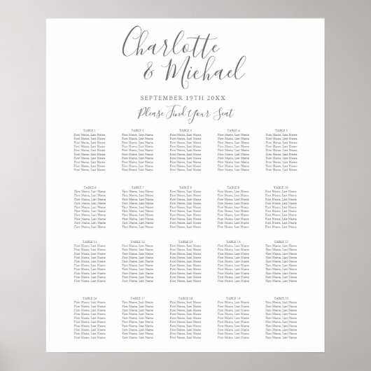 Poster Plan de table de mariage élégant à signature (Devant)