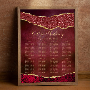 Poster Plan de table de mariage élégant agate bordeaux et