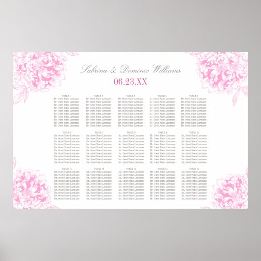 Poster Plan de table de mariage élégant aux fuchsias rose (Devant)