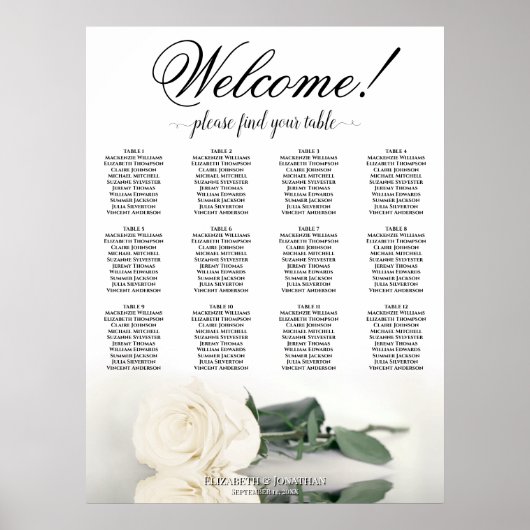 Poster Plan de table de mariage élégant avec rose blanche (Devant)