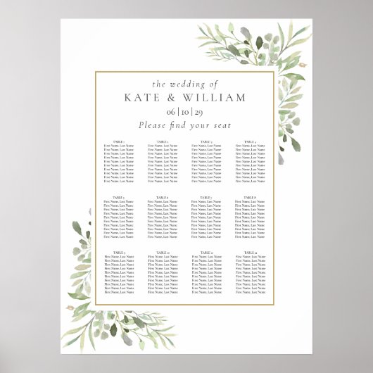 Poster Plan de table de mariage élégant avec verdure (Devant)