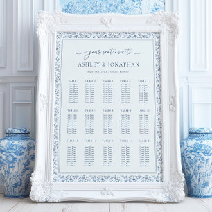Poster Plan de table de mariage élégant bleu chinoiserie
