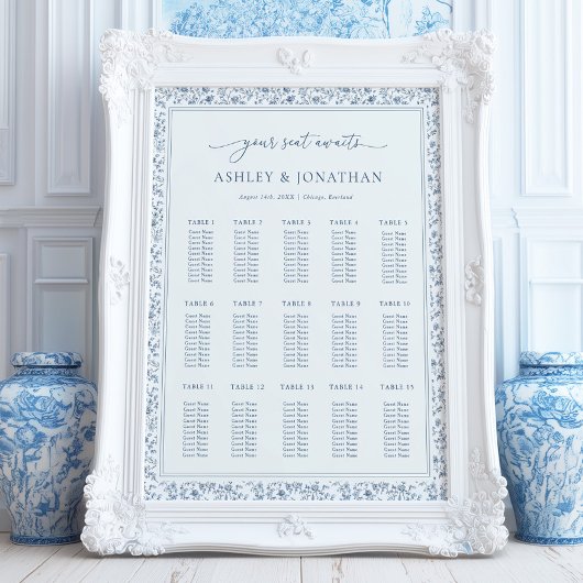 Poster Plan de table de mariage élégant bleu chinoiserie