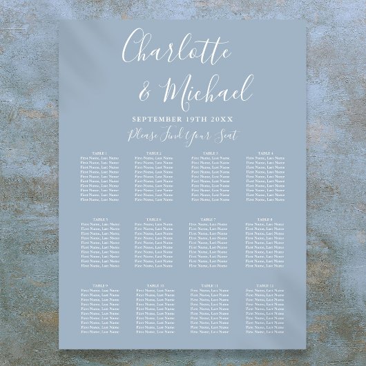 Poster Plan de table de mariage élégant bleu poussiéreux 