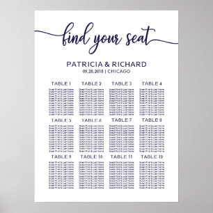 Poster Plan de table de mariage élégant chic bleu marine