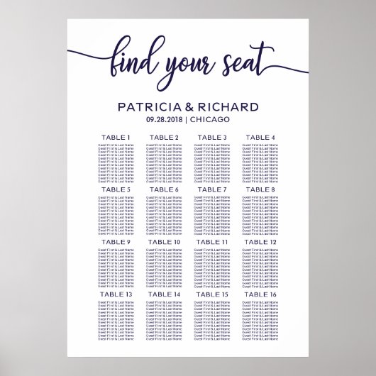 Poster Plan de table de mariage Élégant Chic Bleu Nuit (Devant)