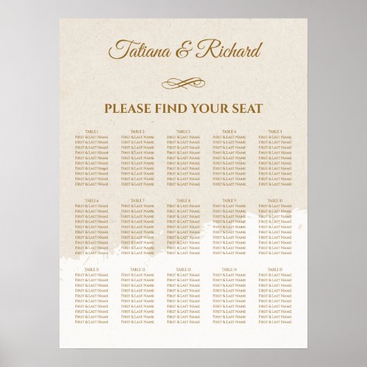 Poster Plan de table de mariage élégant en écriture dorée (Devant)
