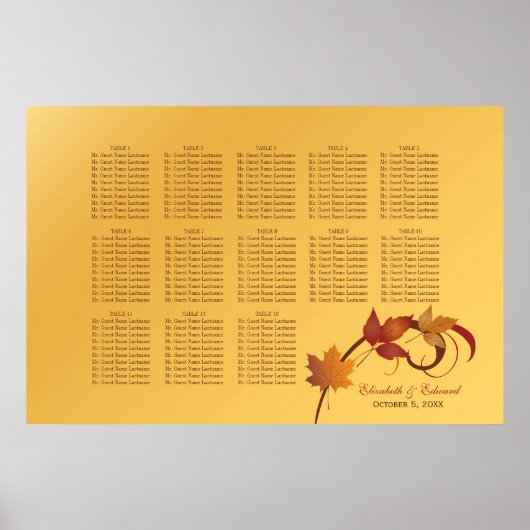 Poster Plan de table de mariage élégant en feuilles jaune (Devant)