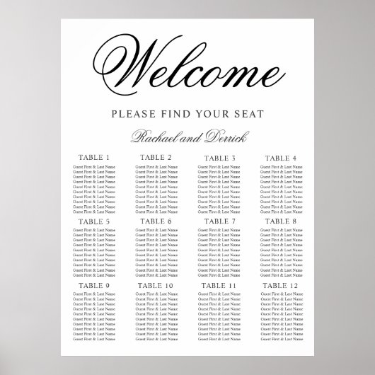 Poster Plan de table de mariage élégant et simple pour 12 (Devant)