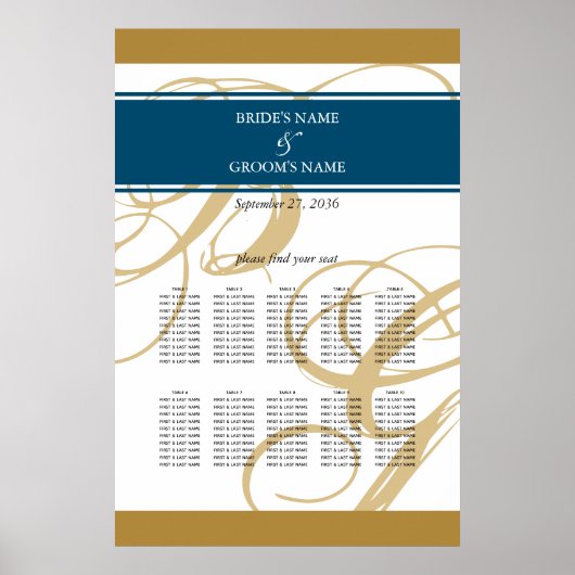 Poster Plan de table de mariage élégant monogramme bleu o (Devant)