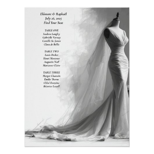 Poster Plan de table de mariage élégant noir et blanc (Devant)