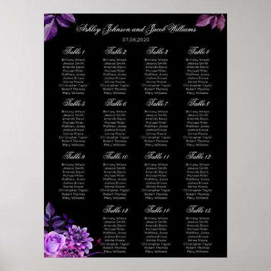 Poster Plan de table de mariage élégant noir et violet (Devant)