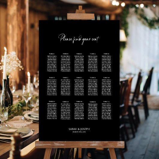 Poster Plan de table de mariage élégant noir pour 15 tabl