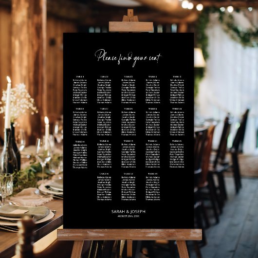 Poster Plan de table de mariage élégant noir pour 18 tabl