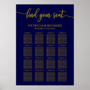 Poster Plan de table de mariage élégant or bleu marine
