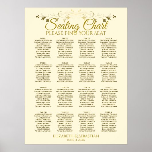 Poster Plan de table de mariage élégant or crème 16 table (Devant)