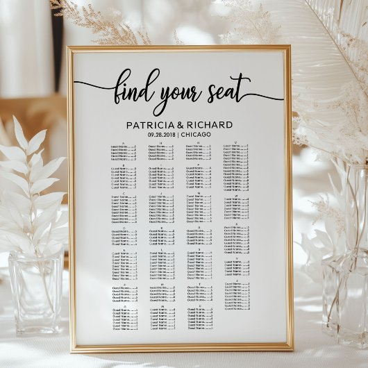Poster Plan de table de mariage élégant par ordre alphabé