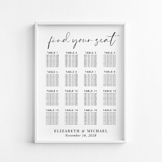 Poster Plan de table de mariage élégant pour 16 tables