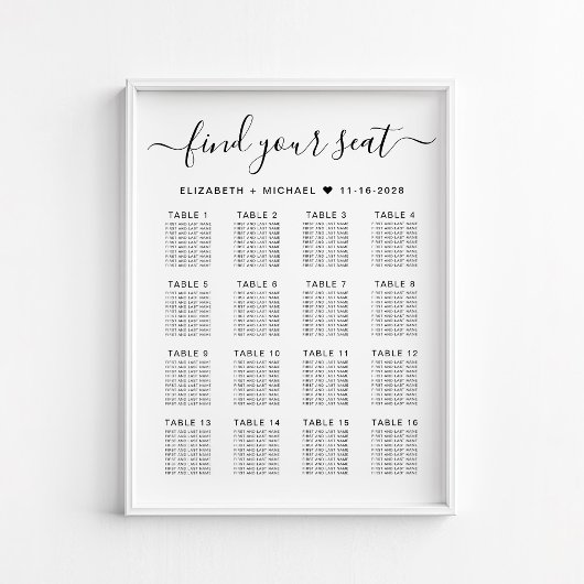Poster Plan de table de mariage élégant pour 16 tables