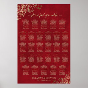 Poster Plan de table de mariage élégant rouge et or pour