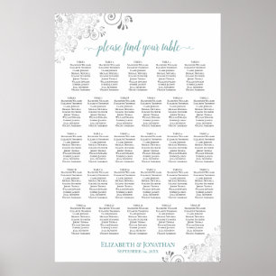 Poster Plan de table de mariage élégant sarcelle et blanc