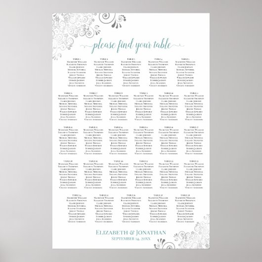 Poster Plan de table de mariage élégant sarcelle et blanc (Devant)
