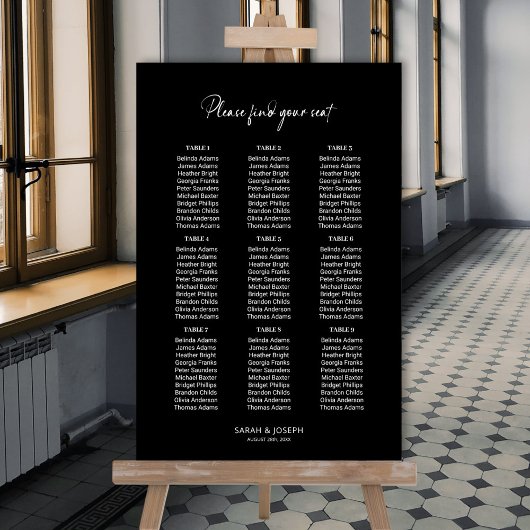 Poster Plan de table de mariage élégant simple noir à 9 t