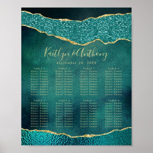 Poster Plan de table de mariage élégant Turquoise & Agate (Devant)