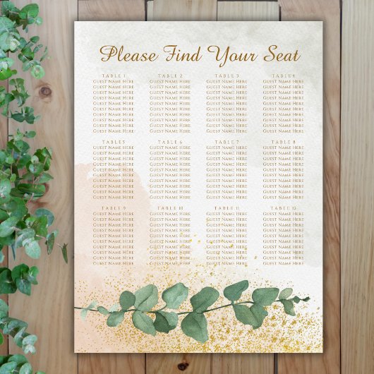 Poster Plan de table de mariage élégant vert et or