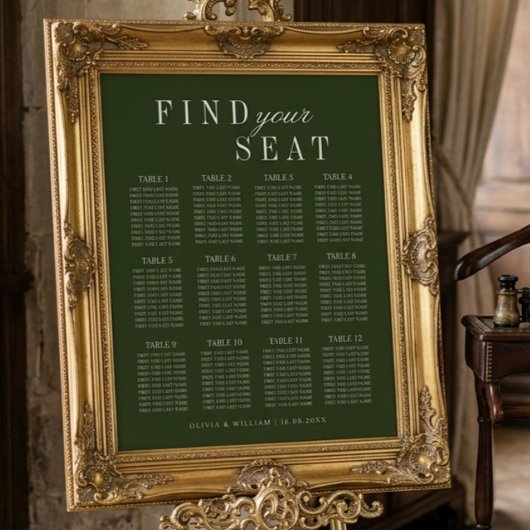 Poster Plan de table de mariage élégant vert olive