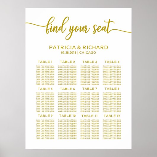 Poster Plan de table de mariage élégante calligraphie dor (Devant)