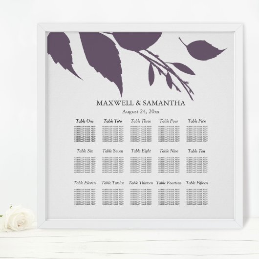 Poster Plan de table de mariage Élégantes feuilles violet