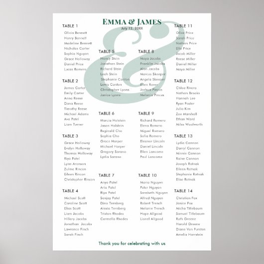 Poster Plan de table de mariage Emerald Ampersand | 14 ta (Devant)
