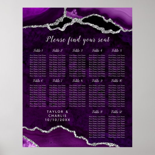 Poster Plan de table de mariage en Agate Argent Violet 12 (Devant)
