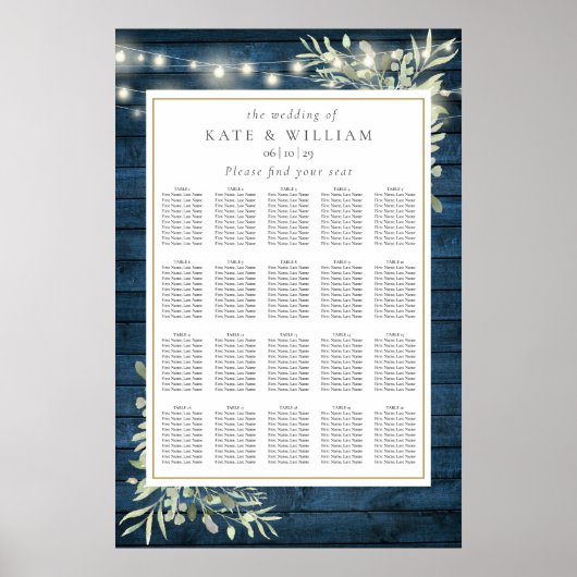 Poster Plan de table de mariage en bois rustique bleu ave (Devant)
