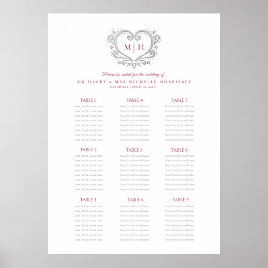 Poster Plan de table de mariage en couronne de coeurs rou (Devant)