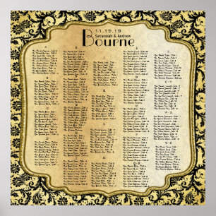 Poster Plan de table de mariage en damas or et noir