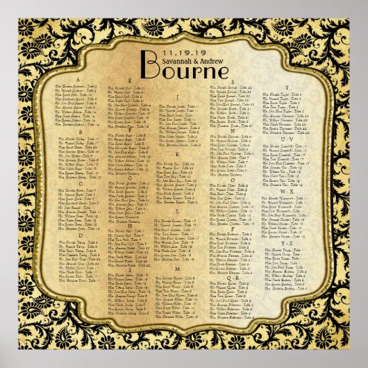 Poster Plan de table de mariage en damas or et noir (Devant)