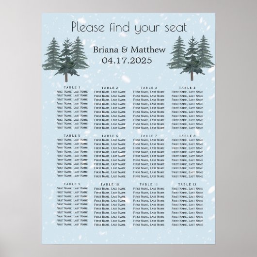 Poster Plan de table de mariage en pin hivernal rustique (Devant)