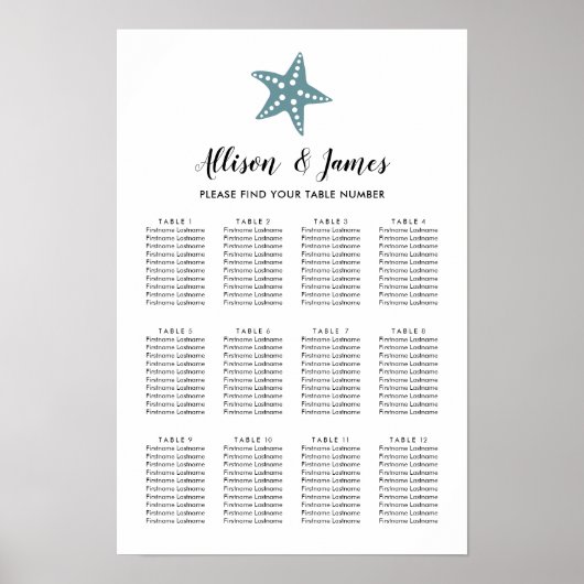 Poster Plan de table de mariage étoile de mer moderne, gr (Devant)