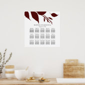 Poster Plan de table de mariage Feuilles bordeaux élégant (Cuisine)