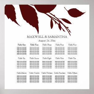 Poster Plan de table de mariage Feuilles bordeaux élégant