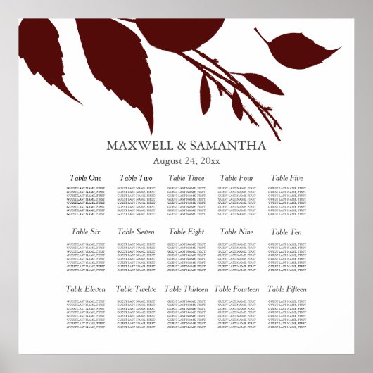 Poster Plan de table de mariage Feuilles bordeaux élégant (Devant)