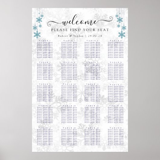 Poster Plan de table de mariage flocon de neige d'hiver (Devant)