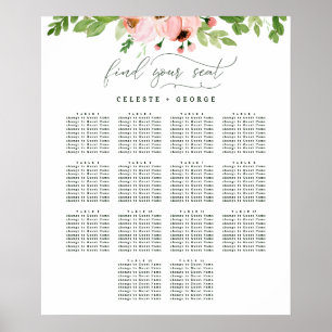 Poster Plan de table de mariage floral aquarelle rose blu