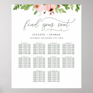Poster Plan de table de mariage floral aquarelle rose blu