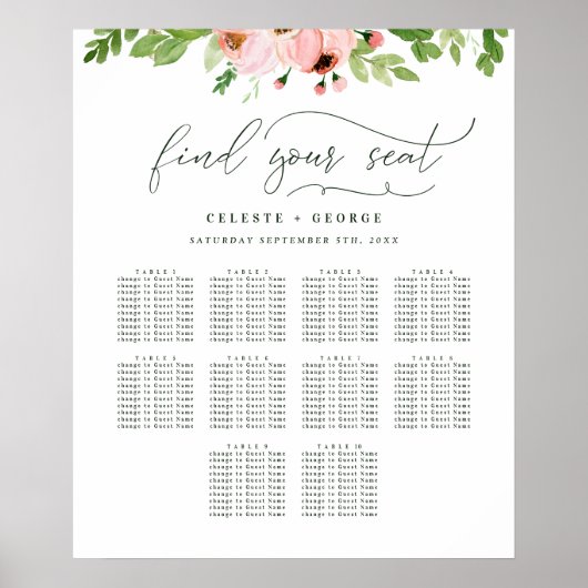 Poster Plan de table de mariage floral aquarelle rose blu (Devant)