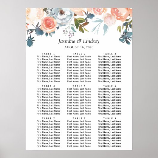 Poster Plan de table de mariage floral automnal rustique (Devant)