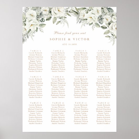 Poster Plan de table de mariage floral blanc 12 tables (Devant)